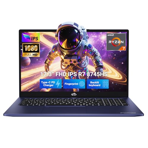 NIMO 17.3" Light-Gaming-Laptop AMD Ryzen 7 8745HS 8 Cores 64GB DDR5 RAM 2TB SSD Radeon 780M Graphics FHD IPS Display Backlit Keyboard Fingerprint 100W USB-C Fast Charger USB 4.0