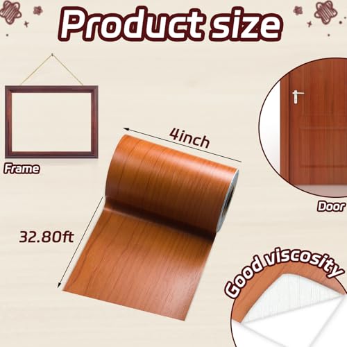 Image of Wood Grain Tape for Mirrors, 4 in x 32 ft Wallpaper Border Repair Tape for Furniture, Floor, Bathroom, Cabinets, Windows, Home Decoration 1 Roll (Brown)