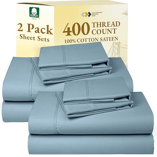 Image of California Design Den Pack of 2 King Size Sheets Set - 400 Thread Count, Soft 100% Cotton Sateen, Deep Pocket King Sheet Set, Durable Bedding - Sky Blue