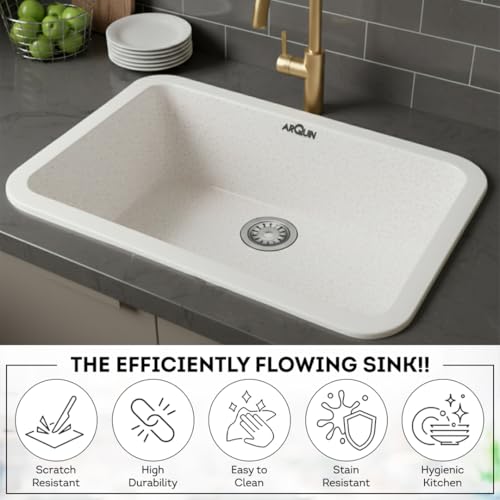 Image of ARQUIN Quartz Kitchen Sink 21x18x9 Inch Rosa Round Corner | Single Bowl Sink | Durable & Scratch-Resistant | Undermount /Topmount Including Coupling, Waste Pipe & Fruit Washing Basket