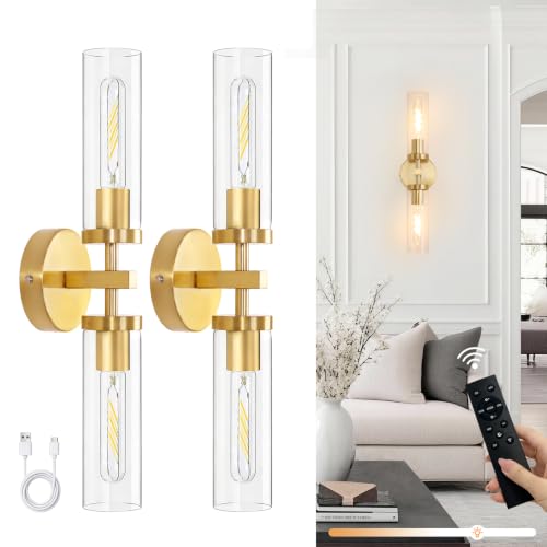 Image of Shenmoyl Set of 2 Wall Sconces, 7800 mAh Battery Operated Wall Sconce with 3 Colors & Remote Control, Gold Rechargeable Wall Lamp with Clear Glass Shade for Bedroom, Bathroom, Living Room, Hallway