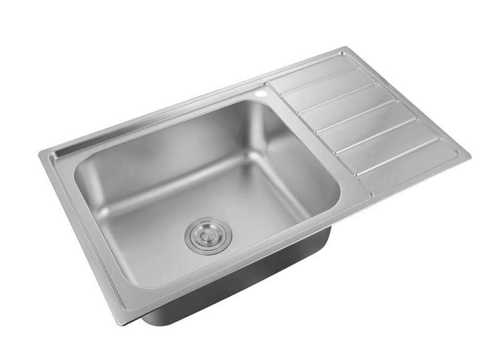 Lavello in acciaio inossidabile 304 18/8 0,8 mm, Lavello da incasso 1 vasca 86 x 50 x 18 cm, Lavello da cucina, piccolo, rettangolare (Scolapiatti a destra)