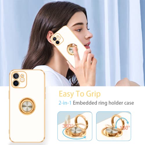 Fingic Iphone 12 Case, Iphone 12 Case With Ring Stand, [360° Rotatable Ring Holder Magnetic Kickstand] [Shiny Plating Gold Edge] Slim Soft Tpu Shockproof Protective Cover Case For Women Men, White #TOP6