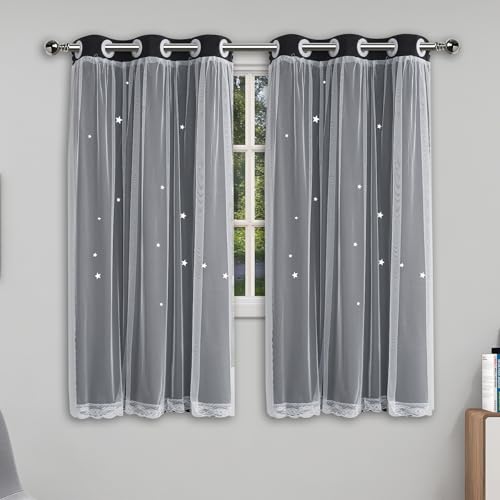 Image of Black Curtains for Bedroom Cute Blackout Drapes 60 Inches Long Star Cutout | Double Layer Nursery Curtain White Lace Sheer Overlay 2 Panel Kids Girls Room Darkening Short Window Treatments Cortina Decor