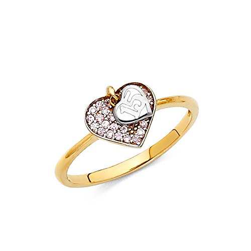 GM Fine Jewelry 14k Yellow Gold Pave-Set 15 Anos Quinceanera Heart Design Fashion Ring - Size 8