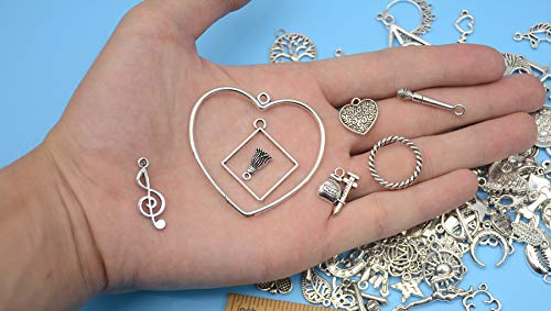 YYaaloa Pack of 120 Mixed Charms Silver DIY Charms Pendants for Crafting, Jewelry Making Accessory (120pcs silver charms 138g) - Thumbnail 2