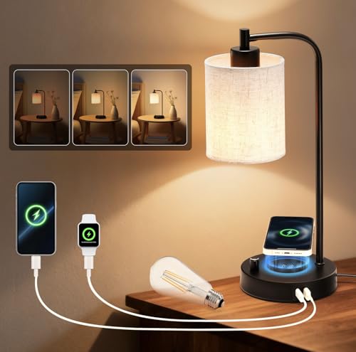 Lampe de chevet LED avec chargeur induction et ports de recharge USB-C+A, Intensité variable, Lampe...