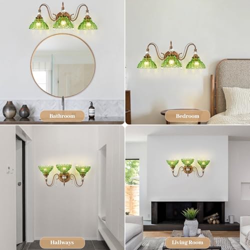 Image of Vintage Bathroom Vanity Light, 3-Light Matte Antique Brass Finish Wall Sconce with Hanging Crystal Accents and Flower-Shaped Green Glass Shades, Retro Wall Mount Vanity Light Over Mirror for Bathroom