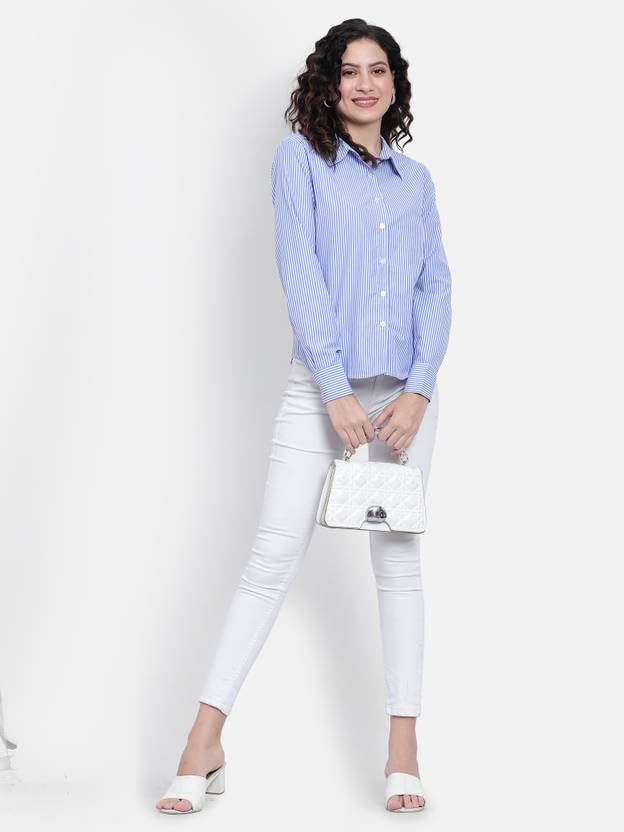 Image of Women Striped Shirt,Oversized Cotton Shirt For Women,Long Sleeve Shirt 3.