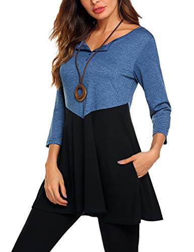 Tunic Shirts, Womens Henley Long Sleeve Crew Neck Flowy Pleated Fall Casual Loose Fitting Tops S Blue
