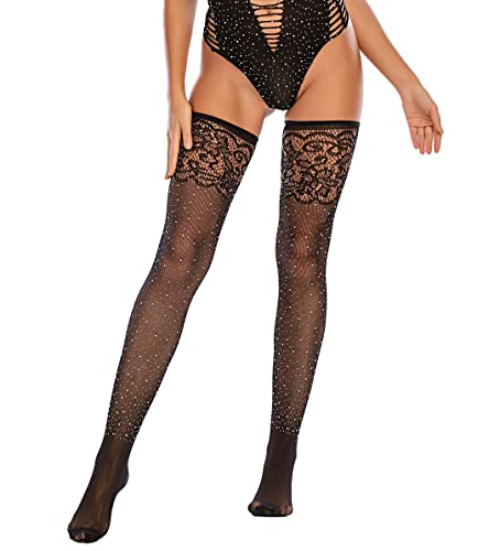 Image of FANCAME Womens Sparkle Thigh High Stockings Patterned Floral Black Stockings Rhinestone Stay Ups Socks Tights