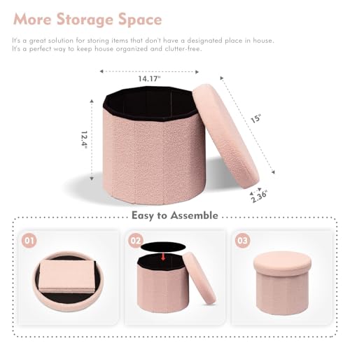 Image of B FSOBEIIALEO Storage Ottoman Cube, Round Ottoman with Storage, Pink