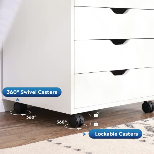Alisened 5-Drawer Chest Wood Storage Dresser Cabinet With Wheels Mobile Side Cabinet Chest For Home Office Storage,White #TOP4