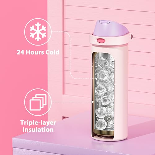 Image of 24 oz Insulated Water Bottle for Sports: Meoky Stainless Steel Water Bottle with 2-in-1 Straw and Spout Lid - Leak Proof, Cold for 24 Hours, Fits in Car Cup Holder, BPA-Free for Women Travel, Candy