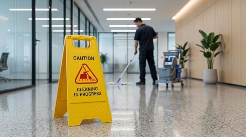 Image of Cleaning in Progress Caution Sign Board - Foldable ABS Plastic Safety Warning Stand for Floor Cleaning Areas, Indoor & Outdoor Use