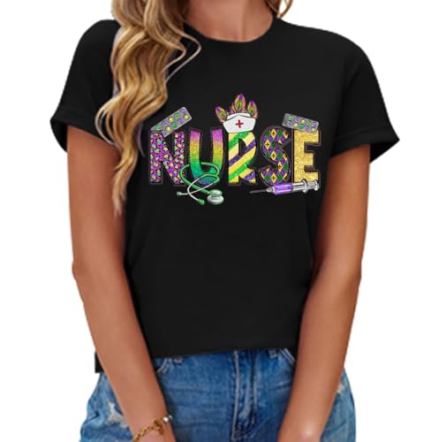 Mardi Gras Nurse Shirt Womens Mardi Gras Day Tshirt -Tuesday Carnival Tee New Orleans Party Short Sleeve
