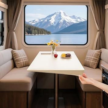 UNBBRRL RV Dinette Table Cover Waterproof, PU Leather Fitted Tablecloth, Stretchable Picnic Table Cover, Non-Slip Fitted Table Cloth for Kitchen, Patio, Dining Room Beige,Fit 28" x 47"