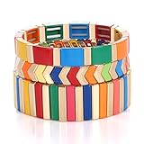 LENOOCLE Enamel Tile Bracelet for Women Colorful Enameled Beaded Stretch Bracelet Stackable Color-Block Strand Bracelet Set for Men (Gold&Rainbow)