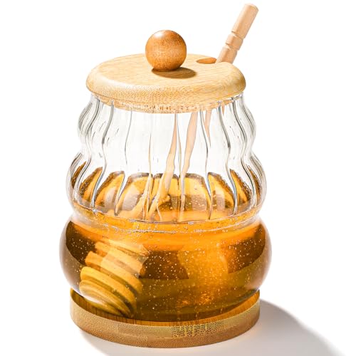 Sailench Glass Honey Pot Honey Jar witn Dipper and Wooden Lid, Honey Dispenser for Home,Tea Shops,Cafes, Restaurants (1)