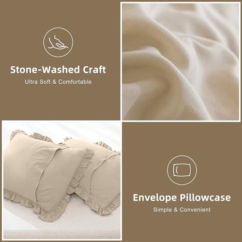 Image of QSH Wheat Comforter King Size for Bed, Shabby Ruffle Chic Bedding Comforter Set, 3 Pices Farmhouse Vintage Bedding Sets, All Season Ultra Soft Lightweight Microfiber Fluffy Comforter