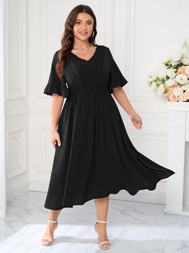 Image of SCOMCHIC Women's Plus Size Wedding Guest Dress Smocked V Neck Short Ruffle Sleeve Split Flowy Summer Cocktail Dresses