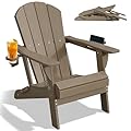 PLUUV Folding Adirondack Chair Outdoor, Oversized HDPE Patio Chair with 2 Cup Holders, 380 LBS Capacity, All-Weather Weather Resistant Fire Pit Chair for Backyard, Deck, Lawn, Brown
