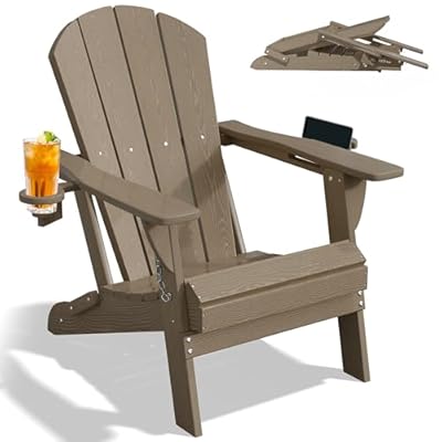 PLUUV Folding Adirondack Chair Outdoor, Oversized HDPE Patio Chair with 2 Cup Holders, 380 LBS Capacity, All-Weather Weather Resistant Fire Pit Chair for Backyard, Deck, Lawn, Brown