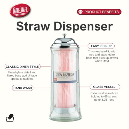TableCraft H714CH Straw Dispenser, 4-3/8" x 4-3/8" x 11-1/8", glass, chrome plated top, includes 72 straws per dispenser