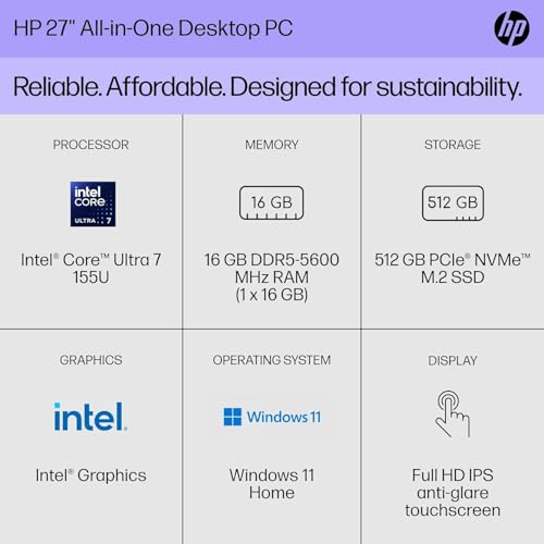Image of HP 27 inch All-in-One Touchscreen Desktop PC- Intel 12-Core Ultra 7 155U CPU, 64GB DDR5 RAM, 1TB SSD, Three-Sided Micro-Edge Display, WiFi 6, HD Webcam, Windows 11 Pro, w /Accessories