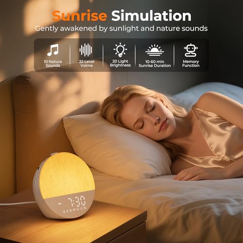 Uwithm Tageslichtwecker, Lichtwecker Sonnenaufgang Wecker Doppel, Wake Up Light, Bluetooth Lautsprecher, White Noise Machine mit 30 Beruhigende Klänge, 20 Helligkeit,18 Farben Dimmbare Nachttischlampe