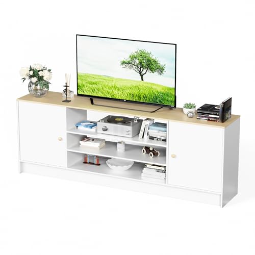 ZERIFAM TV TABLE, TV cabinet for 55 to 70 inch TV, Entertainment Center with Storage, 2 Cabinet Media Console Table, Removable wooden door with handle, Living Room, Bedroom Furniture (WHITE)
