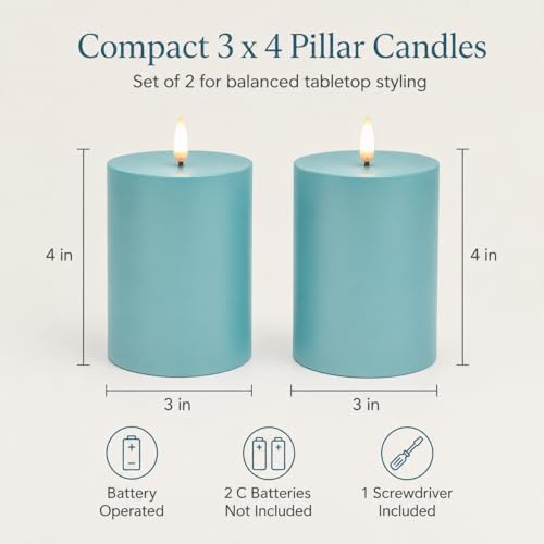 Image of ANGELLOONG Blue Battery Operated Pillar Candles, 3 x 4 Inch, Set of 2 | Blue Flameless LED Candles, 6-Hour Timer, Waterproof Table Decor for Patio, Porch and Centerpieces