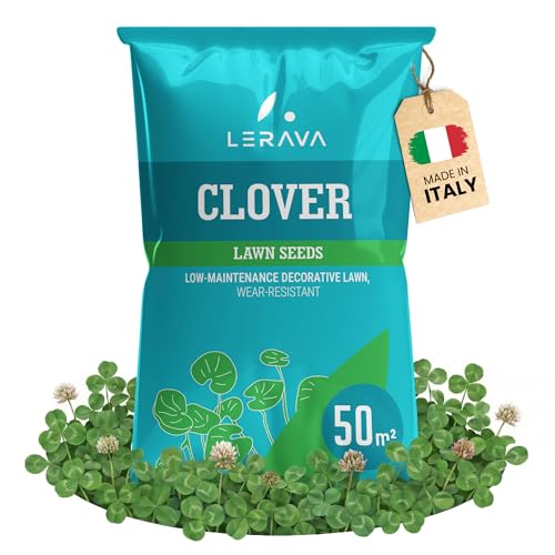 LERAVA Clover Lawn Seeds (50 m) - No Mowing Required - Micro Clover Seeds for Green Lawn - Improves Soil Fertility & Walkable Ground Cover - White Flowers for Gardens - 200g