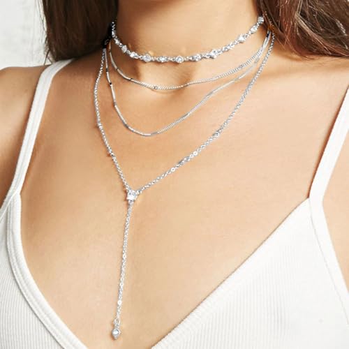 Layered Y Necklace Silver Sparkly Rhinestone Necklaces Long Elegant Neck Jewelry for Women3