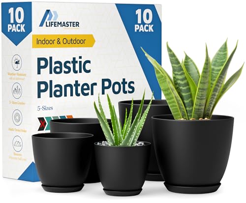 Lifemaster Plant Pots with Multi Drainage Holes - 10 Pieces Versatile, Sturdy Plastic, Stackable Design Home Decor Flower Pots for Indoor and Outdoor Gardening - Black