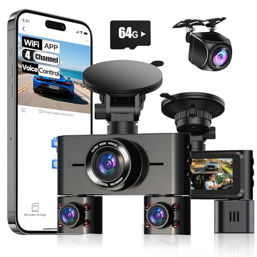 360° Dash Cam Front and Rear Inside, 4 Channel Dash Camera for Cars FHD 1080Px4, Built-in Wi-Fi, 3.16” IPS Screen, WDR Night Vision, Voice Control, Included 64GB Card, 24H Parking Mode V7