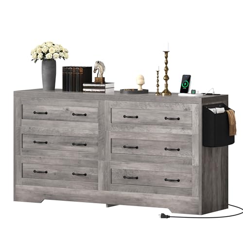 DWVO Farmhouse 6 Drawer Dresser for Bedroom, 59" Wide Large Modern Dresser TV Stand with Drawers & Bar Handles, Storage Dressers with Power Outlets, Rustic Wood Chest of Drawers, Grey