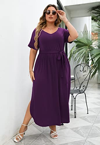 Image of Nemidor Womens Casual Plus Size Tie Waist Slit Long Maxi Dress with Pockets NEM313