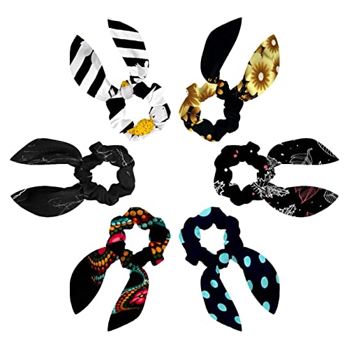 Chouchous noirs à fleurs pour cheveux épais | Lot de 6 élastiques nœud oreilles de lapin