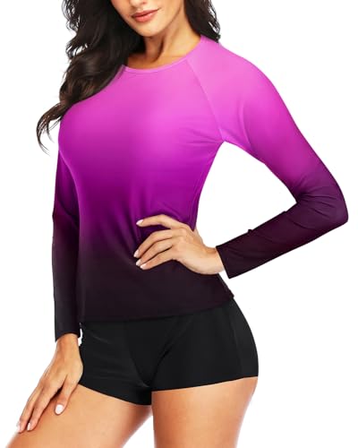 Image of Daci Women Two Piece Rash Guard Long Sleeve Swimsuits UV UPF 50+ Swim Shirt Bathing Suit with Boyshort Bottom