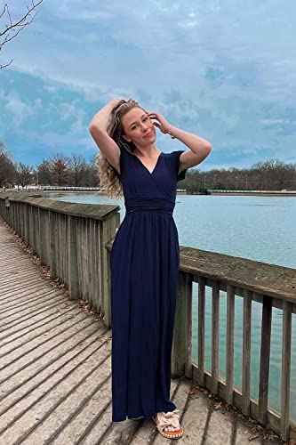 Ouges Womens Short Sleeve V-Neck Wrap Waist Maxi Dress(Navy394,Xxl) #TOP2
