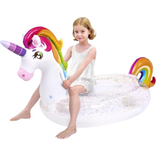 JOYIN Flotador Inflable de Unicornio para Piscina con Purpurina, Diversión Piscina Flotadores, Balsa de Unicornio, Verano Fiesta Decoraciones Piscina Juguetes para Niños (175 x 75 x 85cm)