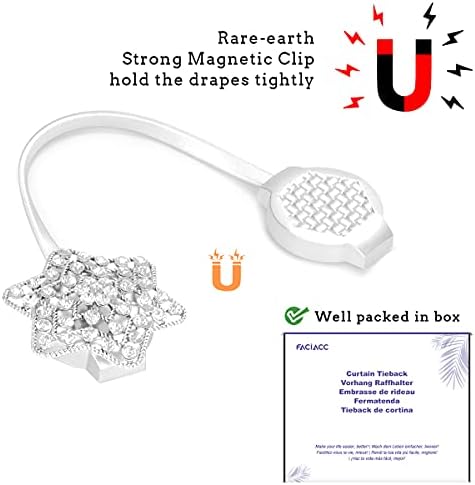 FACIACC Magnetic Curtain Tiebacks, 4-Pack Decorative Drapery Curtain Buckle with Strong Spring Rope & Flower Magnetic Crystal, Curtain Holder for Home Window Kitchen Treatment (STAR-Silver)