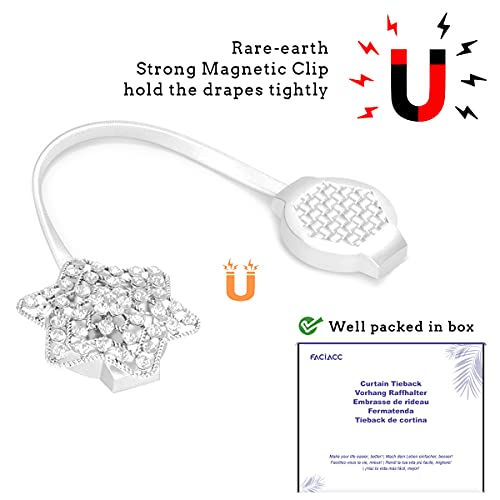 Faciacc 4-Pack Magnetic Curtain Tiebacks, Curtain Holder Decorative Drapery Curtain Buckle With Strong Spring Rope Magnetic Crystal Tiebacks For Home Window Kitchen Treatment (Star-Silver) #TOP4