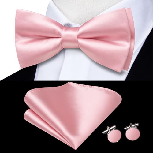 Image of Hi-Tie 5Pcs Mens Solid Color Silk Tie Satin Pretied Bowtie Lapel Pin for Men Handkerchief Cufflink Wedding Gift Box
