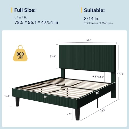 Image of Allewie Full Bed Frame, Corduroy Tufted Headboard, Dark Green