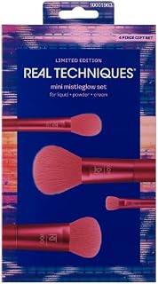 REAL TECHNIQUES Limited Edition Mini Mistleglow Makeup Brush Holiday Kit, For Liquid, Powder, and Cream Makeup, Stocking Stuffer, 4 Piece Set, Pink