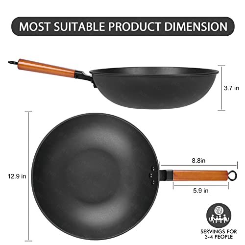 Carbon Steel Wok, 9 Pcs Wok Pan With Iron Lid & Handle Stir-Fry Pans 12.8" Chinese Wok Flat Bottom Wok With Cookware Accessories Suitabe For All Stoves (Black) #TOP1