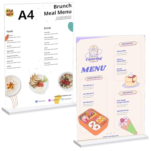 LiuHancsqd 2 Piezas A4 Expositores Soporte para Letreros de Acrílico, A4 Soporte de Mesa, Porta Menú Acrílico Transparente en Forma de T para Restaurantes, Oficina, con 2 Bases