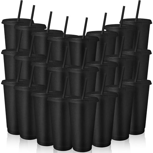 TESIN 24 vasos de plástico negro con tapa y pajita, botella de agua de 710 ml, café helado, taza de viaje, vasos reutilizables, perfectos para fiestas, cumpleaños